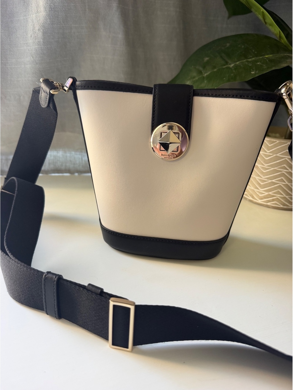 Kate Spade Audrey Ivory and Black Crossbody Bucket Bag